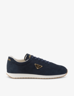 Shop Prada Mens Blue Enamelled-logo Low-top Suede Trainers