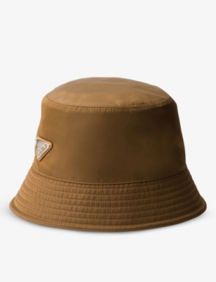 Prada Mens Brown Logo-badge Recycled-nylon Bucket Hat