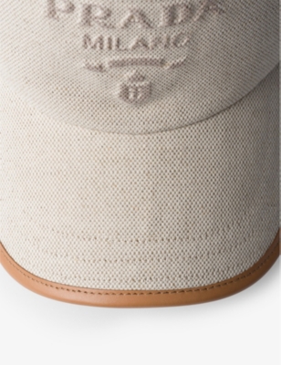 Shop Prada Mens Neutral Brand-debossed Linen-blend And Leather Baseball Cap
