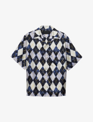 Shop Prada Argyle-patterned Relaxed-fit Silk-twill Shirt In Blue