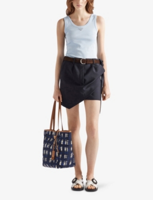 PRADA: Ribbed enamelled-logo cotton knit top