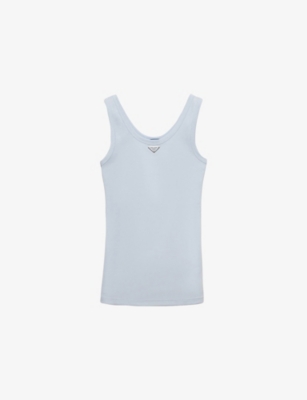 Prada Womens Light Blue Ribbed Enamelled-logo Cotton Knit Top