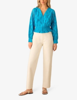 Ro&zo Broderie Shirred-waist Cotton Top In Blue
