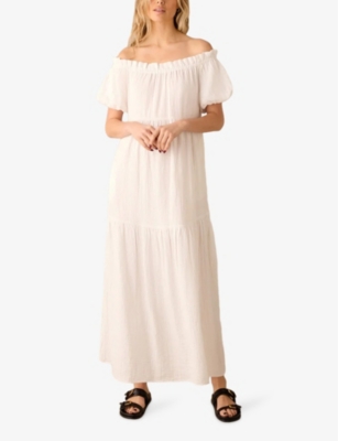 Bardot-neck tiered-hem cotton maxi dress