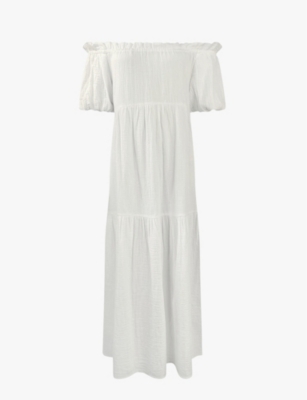 RO&ZO: Bardot-neck tiered-hem cotton maxi dress