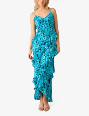 Shop Ro&zo Womens Floral-print Ruffle-trim Woven Maxi Dress Blue