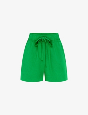 Omnes Womens Dark Green Canaria Elasticated-waist Cotton And Linen-blend Shorts