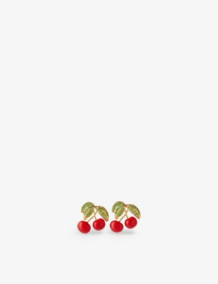 Pop the Cherry 18ct yellow gold-plated brass, cubic zirconia and enamel stud earrings