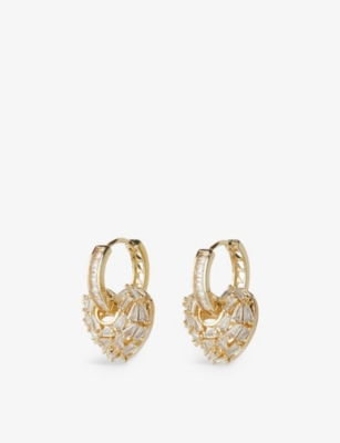 CRYSTAL HAZE: Puzzle Heart 18ct yellow gold-plated brass and cubic zirconia hoop drop earrings
