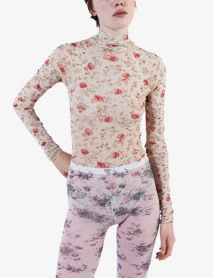 Shop Prada Floral-print Slim-fit Stretch-tulle Bodysuit In Red