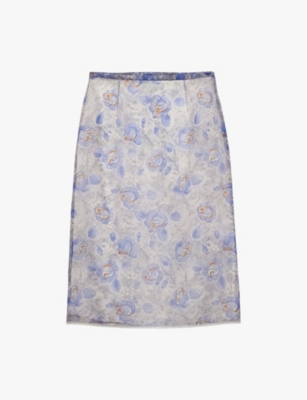 Floral-print sheer nylon midi skirt