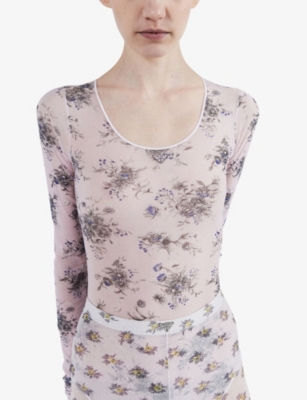 Shop Prada Floral-print Slim-fit Stretch-tulle Bodysuit In Pink