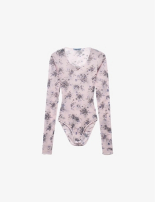 Shop Prada Floral-print Slim-fit Stretch-tulle Bodysuit In Pink