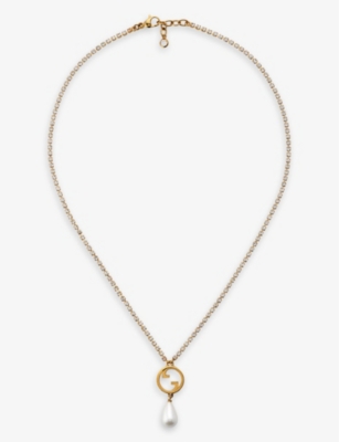 GUCCI: Blondie interlocking G-charm gold-toned metal, faux-pearl and crystal necklace
