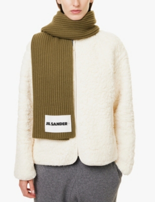 Shop Jil Sander Womens Logo-patch Ribbed Wool Scarf Thyme Green