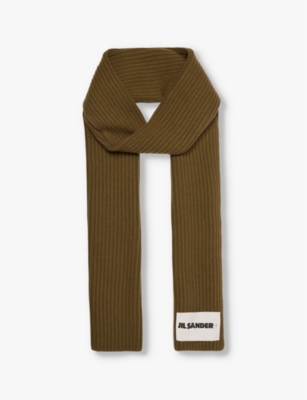 Shop Jil Sander Womens Logo-patch Ribbed Wool Scarf Thyme Green