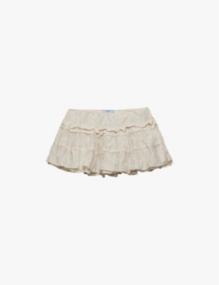PRADA: Ruffle-trim antique-effect cotton mini skirt