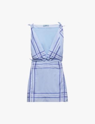 PRADA: Check-print tied-shoulder cotton mini dress