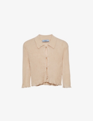 Shop Prada Womens Neutral Button-embellished Slim-fit Cotton-knit Cardigan