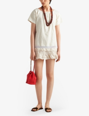 Prada Womens Neutral Embroidered Lace-trim Linen Mini Dress In Neutral
