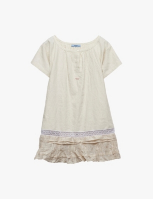 PRADA - Embroidered lace-trim linen mini dress | Selfridges.com