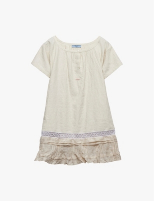 Embroidered lace-trim linen mini dress