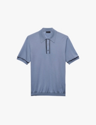 Shop Prada Mens Light Blue Contrast-piping Regular-fit Wool Polo Shirt