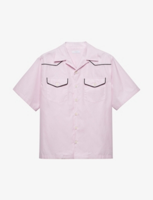 Shop Prada Mens  Contrast-piping Flap-pocket Cotton Shirt In Pink