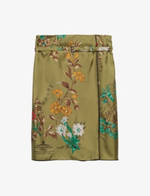PRADA: Floral-print belted-waist high-rise silk mini skirt