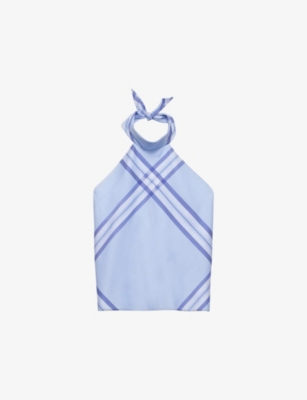 Shop Prada Checked Halterneck Cotton Top In Light Blue