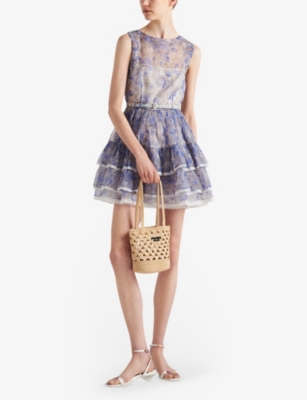 Prada Floral-print Chiffon Minidress In Light Blue