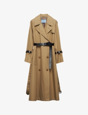 PRADA: Logo-badge lapel-collar double-breasted cotton trench