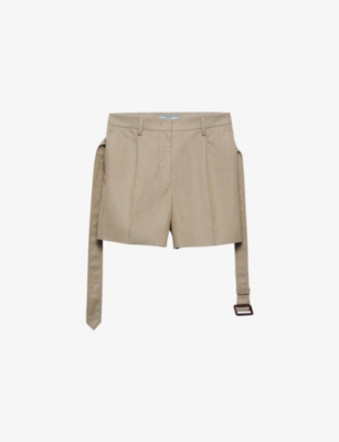PRADA: Belted-waist high-rise cotton Bermuda shorts