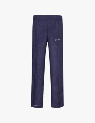 Shop Palm Angels Mens  Brand-embroidered Straight-leg Linen Trousers In Navy Blue