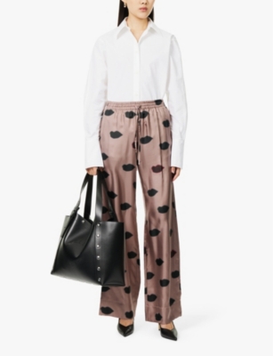 STELLA MCCARTNEY WOMENS LIGHT TAUPE LIPS-PRINT TWO-SLIP-POCKETS WIDE-LEG HIGH-RISE SILK TROUSERS 