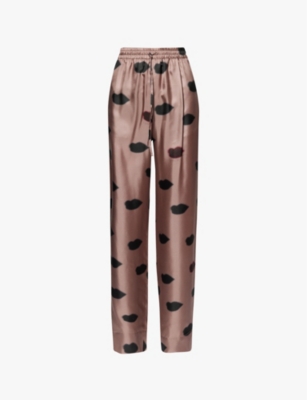 STELLA MCCARTNEY WOMENS LIGHT TAUPE LIPS-PRINT TWO-SLIP-POCKETS WIDE-LEG HIGH-RISE SILK TROUSERS 