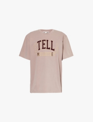 Shop Stella Mccartney Womens Light Taupe Varsity Brand-embroidery Cotton-jersey T-shirt