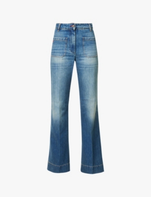 VICTORIA BECKHAM WOMENS ALINA BRAND-EMBROIDERY STRAIGHT-LEG LOW-RISE DENIM JEANS INDIGREY WASH 