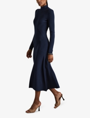 Reiss Womens  Hannah Flared Knitted Midi Dress In Navy