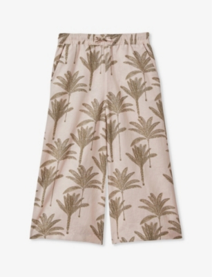 Shop Reiss Girls Neutral Kids Klemee Tropical-print Linen-blend Trousers