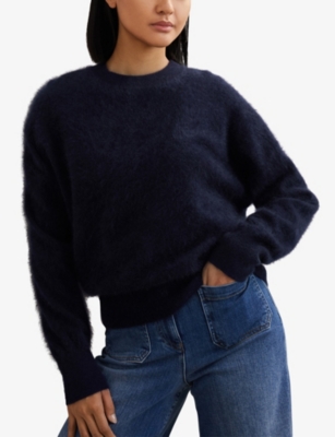 Reiss Womens Navy Misha Brushed Crewneck Cashmere Knitted Jumper Xs In Blue
