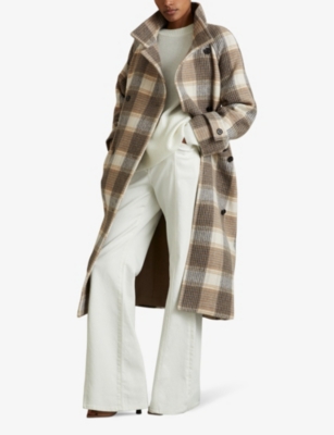 REISS WOMENS NEUTRAL CHECK PIPER FUNNEL-NECK BELTED-WAIST CHECK WOOL-BLEND COAT 