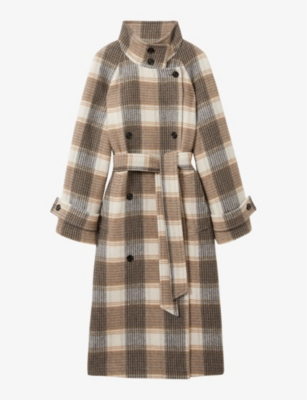 Reiss Womens Neutral Check Piper Funnel-neck Belted-waist Check Wool-blend Coat In Neutral Check