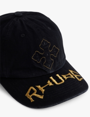 Shop Rhude Mens Cross Denim Brand-embroidery Panelled Cotton Cap Black