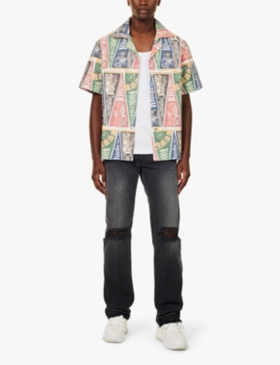 Shop Rhude Mens  Collegte Flag Graphic-print Relaxed-fit Cotton Shirt In Multi