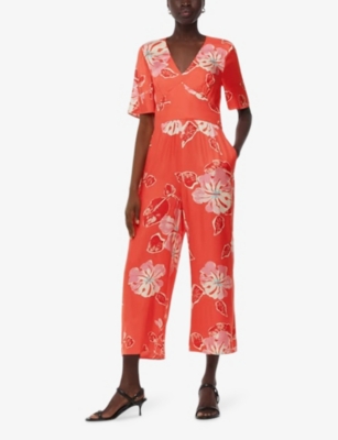 Whistles Womens Coral Aimee Hibiscus-print Short-sleeve Woven Jumpsuit In Coral