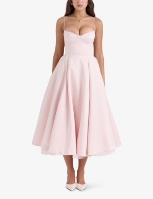 HOUSE OF CB OF CB WOMENS BALLERINA PINK MADEMOISELLE FLORAL-PRINT STRETCH COTTON-BLEND MIDI DRESS 