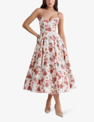 HOUSE OF CB OF CB WOMENS ITALIAN ROSE PRINT MADEMOISELLE FLORAL-PRINT STRETCH COTTON-BLEND MIDI DRESS 