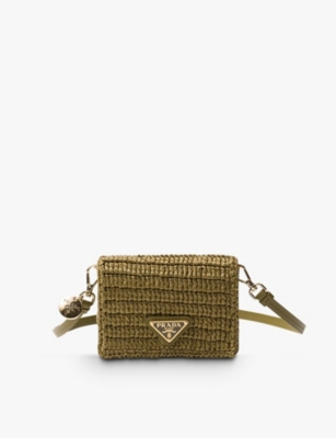 Prada Green Logo-plaque Detachable-strap Crochet Card Holder In Green