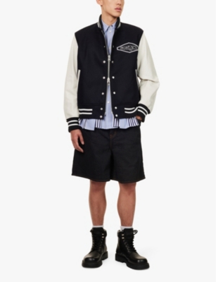 Shop Sacai Mens Brand Appliqué Contrast Panels Regular Fit Wool Jacket D Navy & Off White